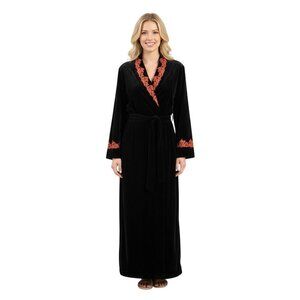 Diamond Tea Vintage Black Velvet Red Leaf Embroidered Robe Unique One Size